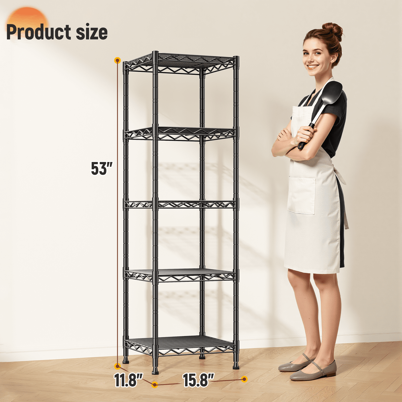 REIBII 5-Tier Wire Shelving Unit,Small Adjustable Storage Shelves,15.8"W x 11.8"D x 53"H,Durable Carbon Steel,Metal Shelving for Kitchen,Bathroom,Garage,Black