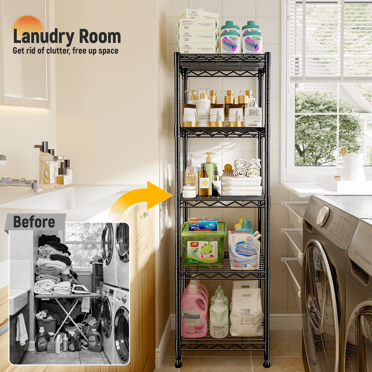 REIBII 5-Tier Wire Shelving Unit,Small Adjustable Storage Shelves,15.8"W x 11.8"D x 53"H,Durable Carbon Steel,Metal Shelving for Kitchen,Bathroom,Garage,Black