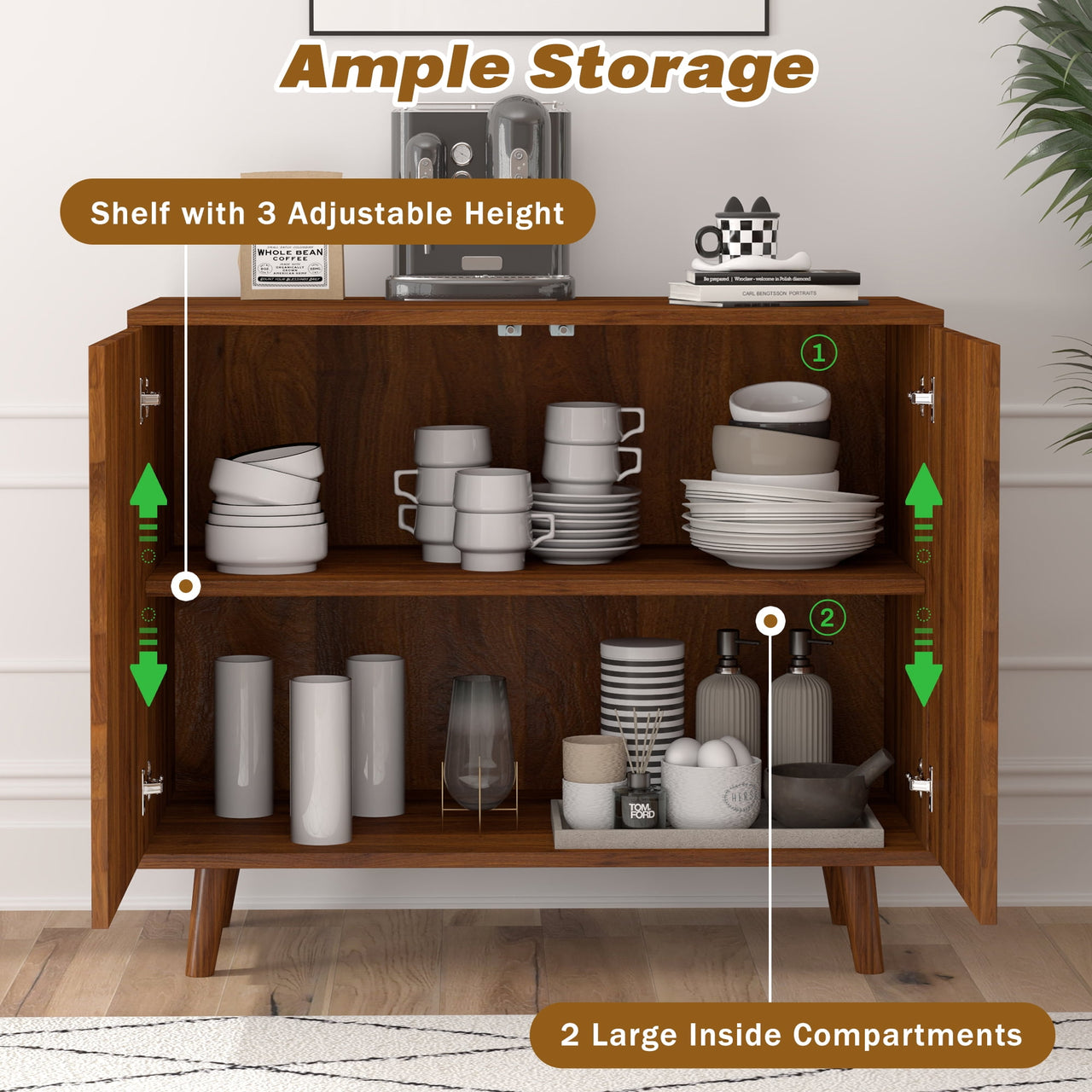 Accent Cabinet with Carving Lines, Modern Buffet Sideboard with Adjustable Shelves, Decorative Storage Cabinets for Bedroom Living Room Kitchen Office Entryway and Hallway, Walnut