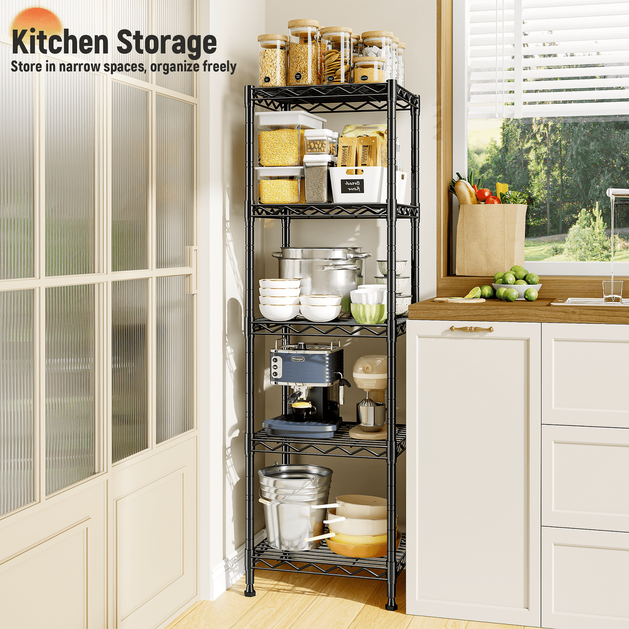 REIBII 5-Tier Wire Shelving Unit,Small Adjustable Storage Shelves,15.8"W x 11.8"D x 53"H,Durable Carbon Steel,Metal Shelving for Kitchen,Bathroom,Garage,Black