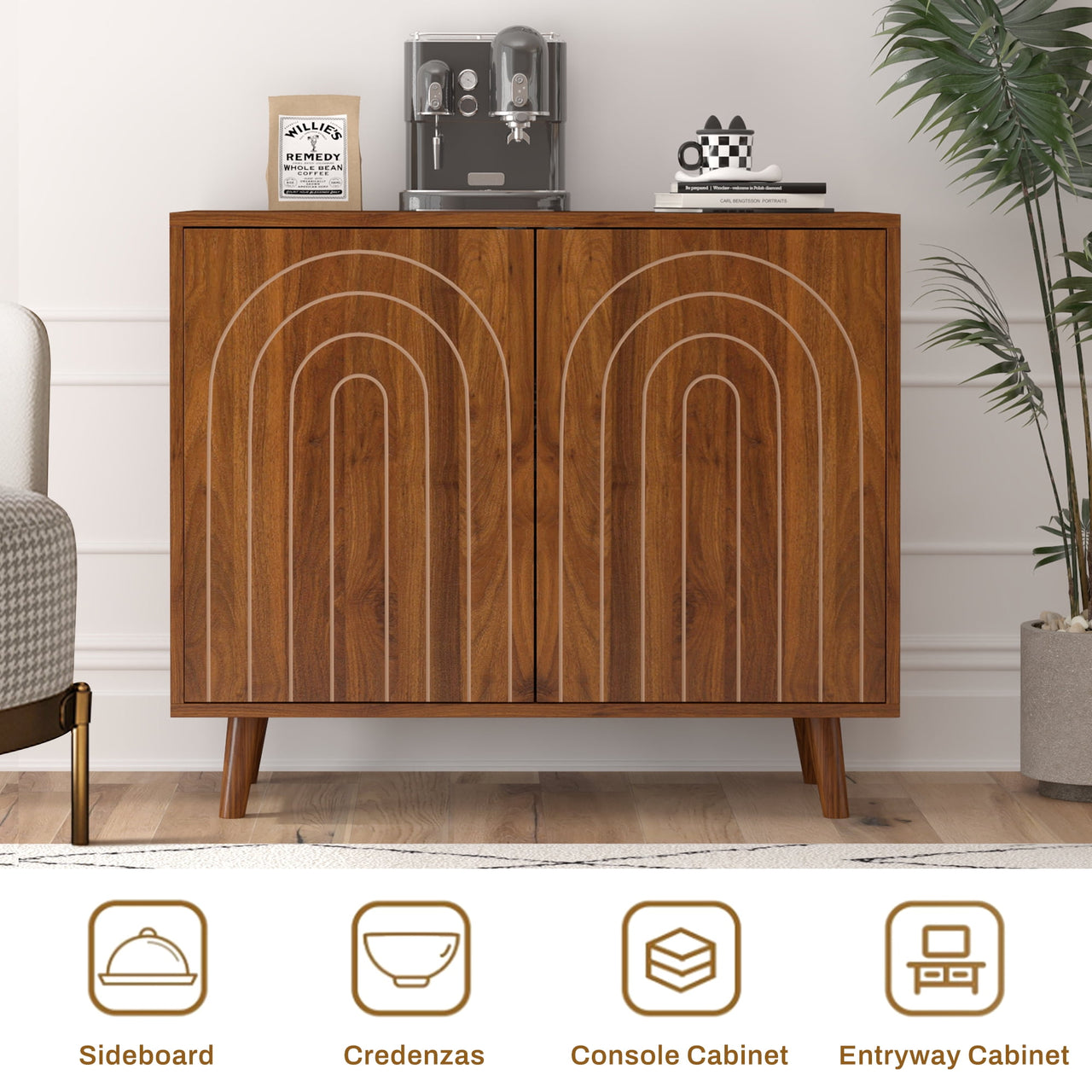 Accent Cabinet with Carving Lines, Modern Buffet Sideboard with Adjustable Shelves, Decorative Storage Cabinets for Bedroom Living Room Kitchen Office Entryway and Hallway, Walnut