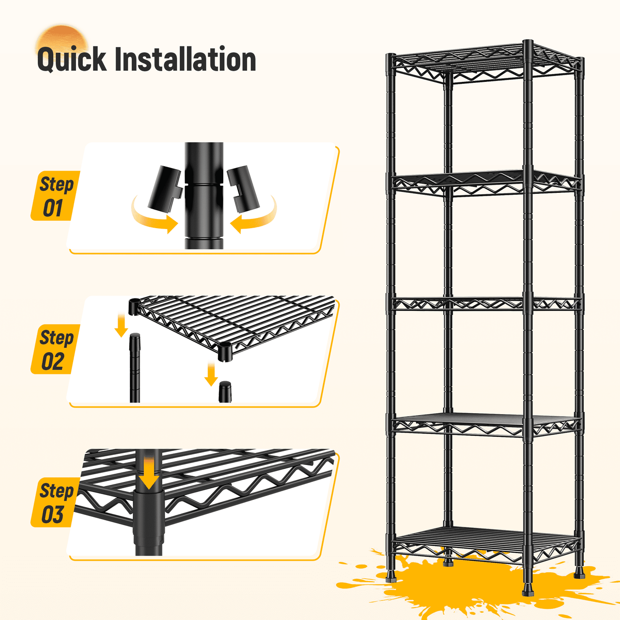 REIBII 5-Tier Wire Shelving Unit,Small Adjustable Storage Shelves,15.8"W x 11.8"D x 53"H,Durable Carbon Steel,Metal Shelving for Kitchen,Bathroom,Garage,Black