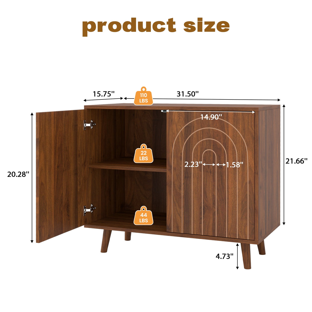 Accent Cabinet with Carving Lines, Modern Buffet Sideboard with Adjustable Shelves, Decorative Storage Cabinets for Bedroom Living Room Kitchen Office Entryway and Hallway, Walnut