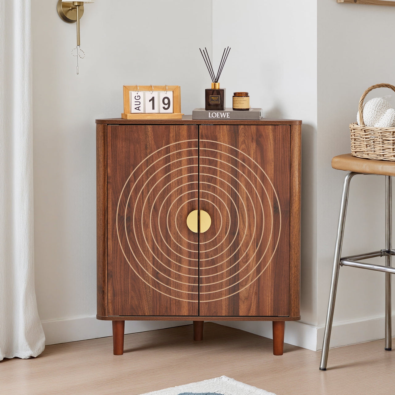 Accent Cabinet with Carving Lines, Modern Buffet Sideboard with Adjustable Shelves, Decorative Storage Cabinets for Bedroom Living Room Kitchen Office Entryway and Hallway, Walnut