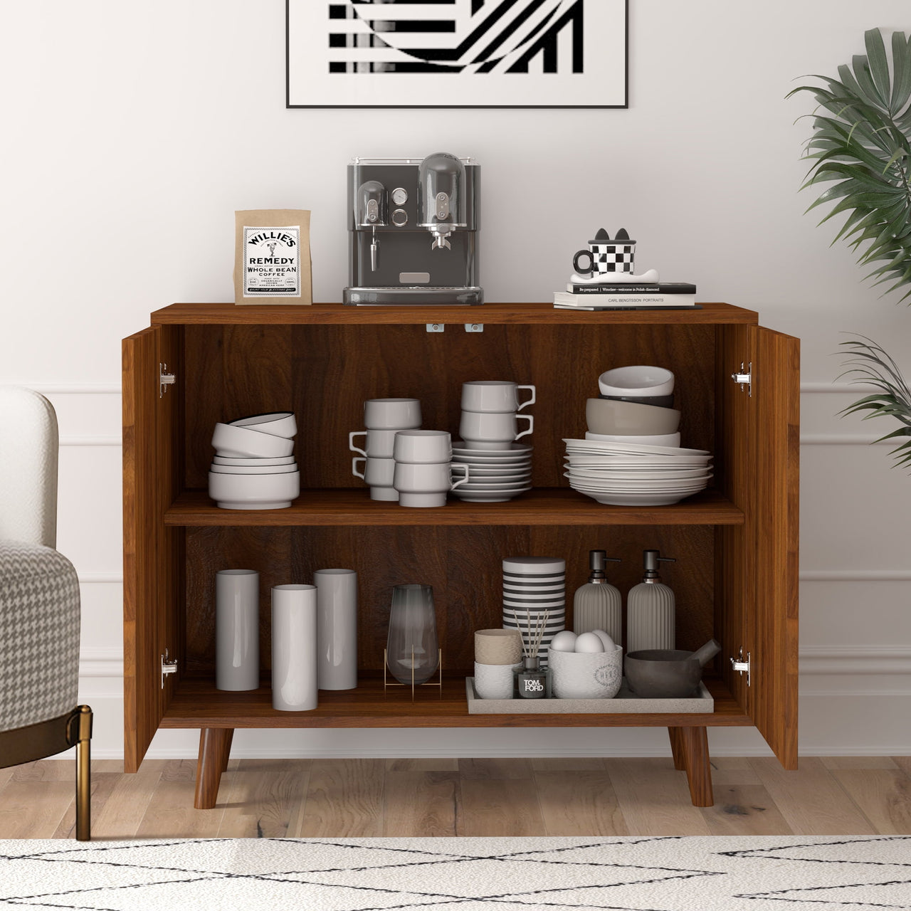 Accent Cabinet with Carving Lines, Modern Buffet Sideboard with Adjustable Shelves, Decorative Storage Cabinets for Bedroom Living Room Kitchen Office Entryway and Hallway, Walnut