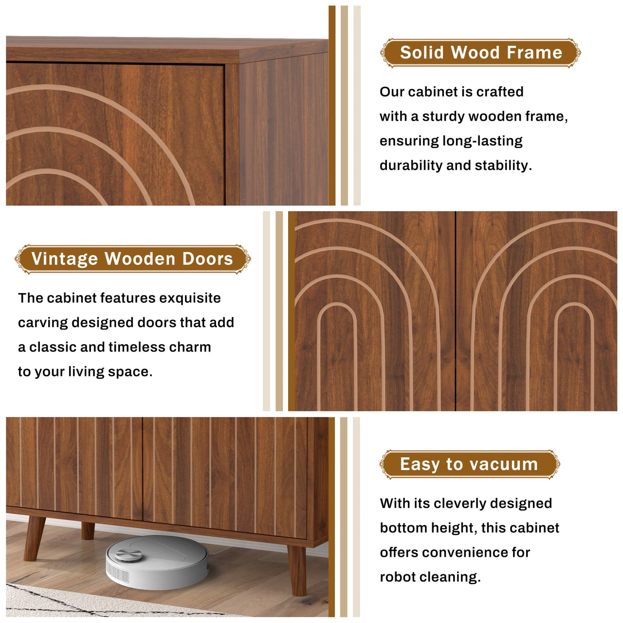 Accent Cabinet with Carving Lines, Modern Buffet Sideboard with Adjustable Shelves, Decorative Storage Cabinets for Bedroom Living Room Kitchen Office Entryway and Hallway, Walnut